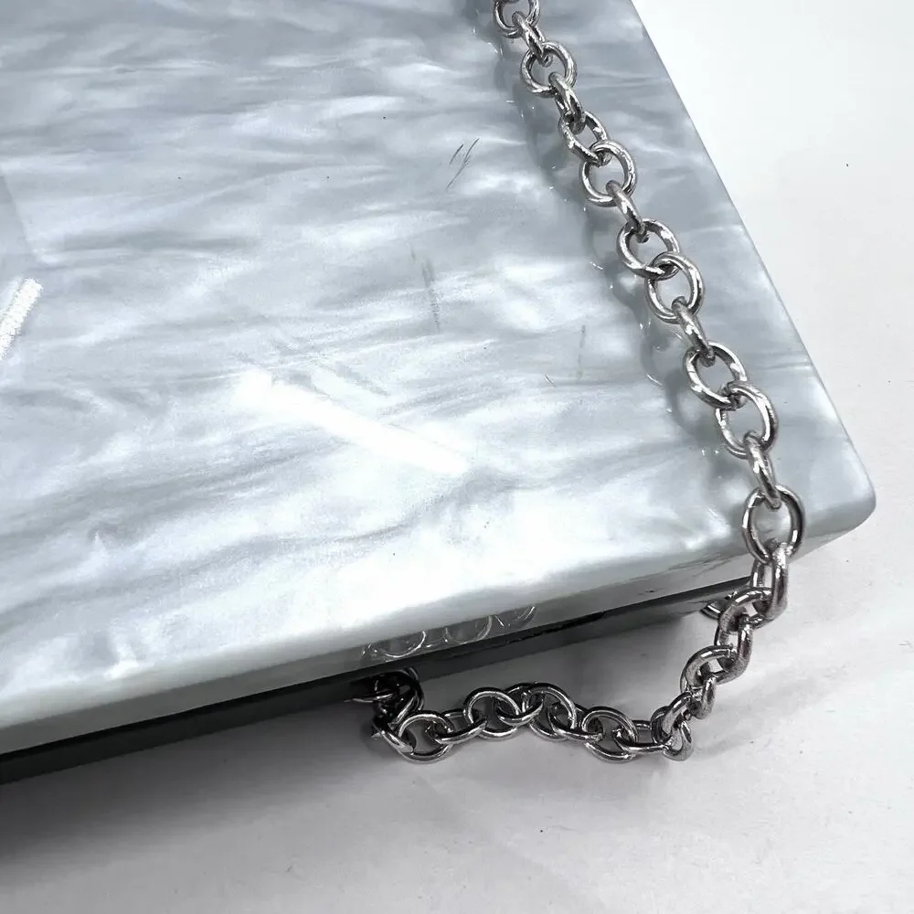 Kate Landry Silver & Black Pearly Lucite Box Clutch Cross Body Evening Handbag